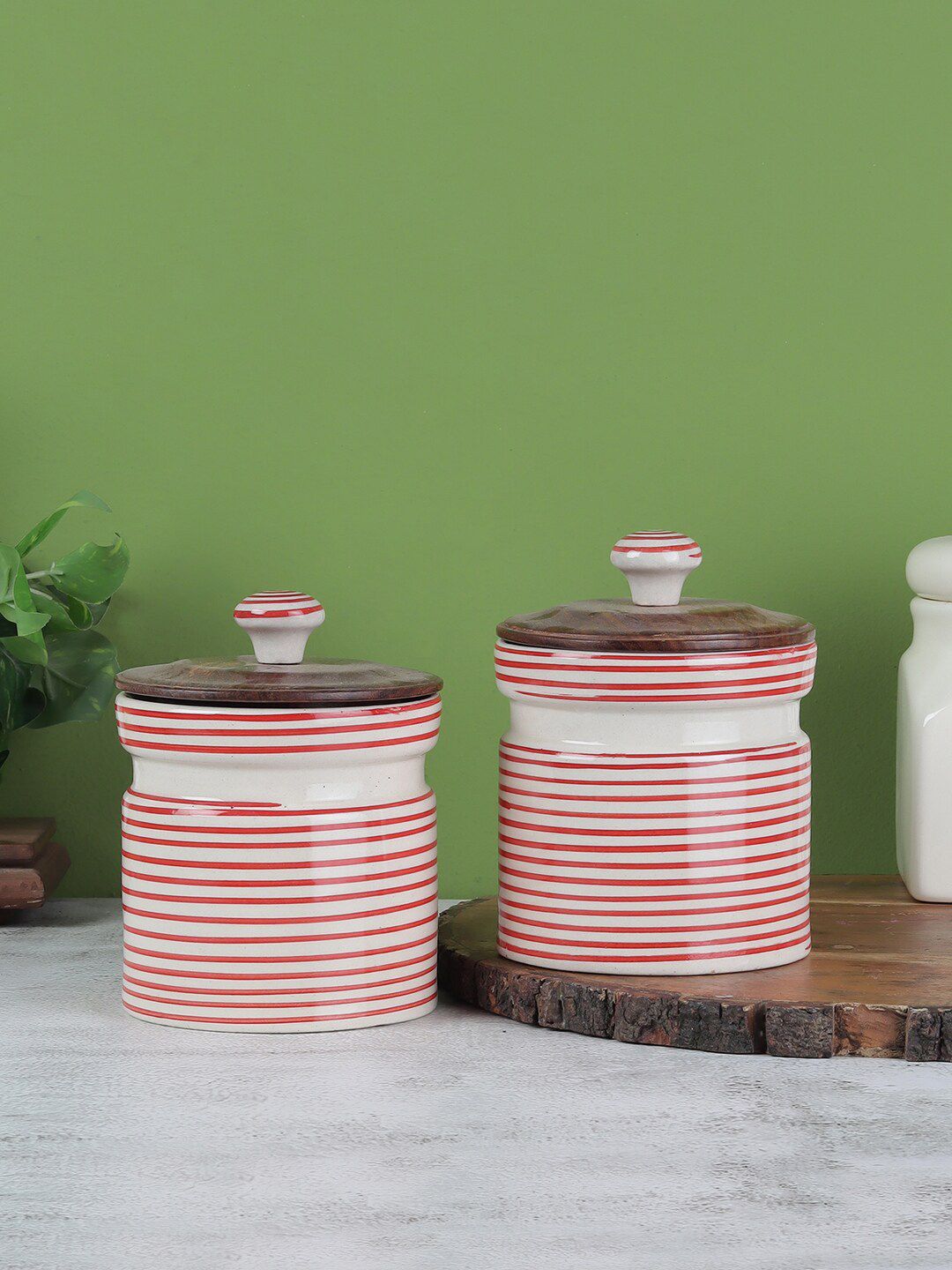 VarEesha Set Of 2 White & Red Spiral Leak Proof Ceramic Jars Price in India