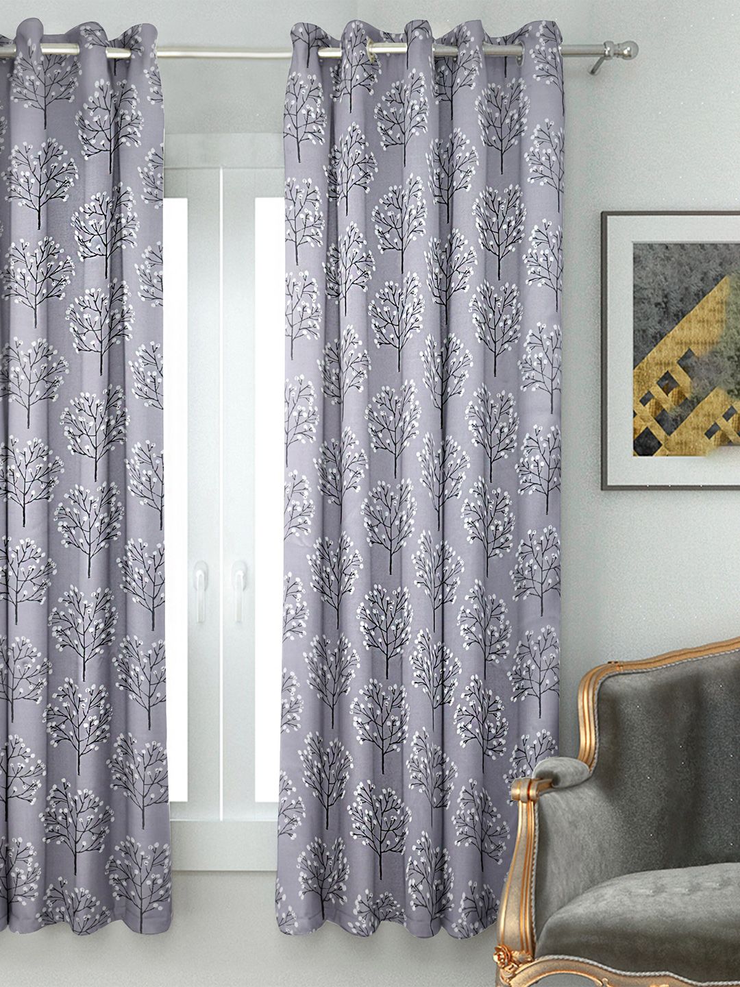 HOUZZCODE Grey & Black Printed Black Out Window Curtain Price in India