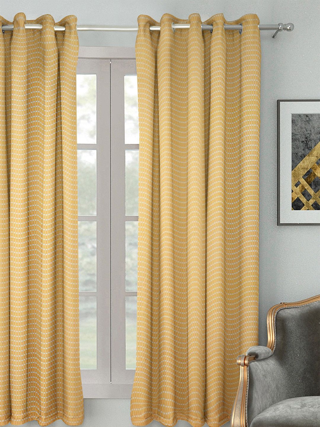 HOUZZCODE Mustard & Off White Striped Black Out Window Curtain Price in India