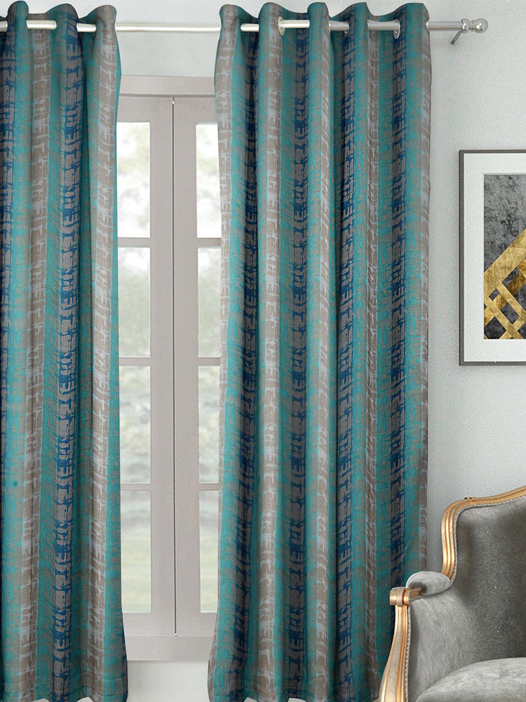 HOUZZCODE Blue & Green Colourblocked Black Out Window Curtain Price in India