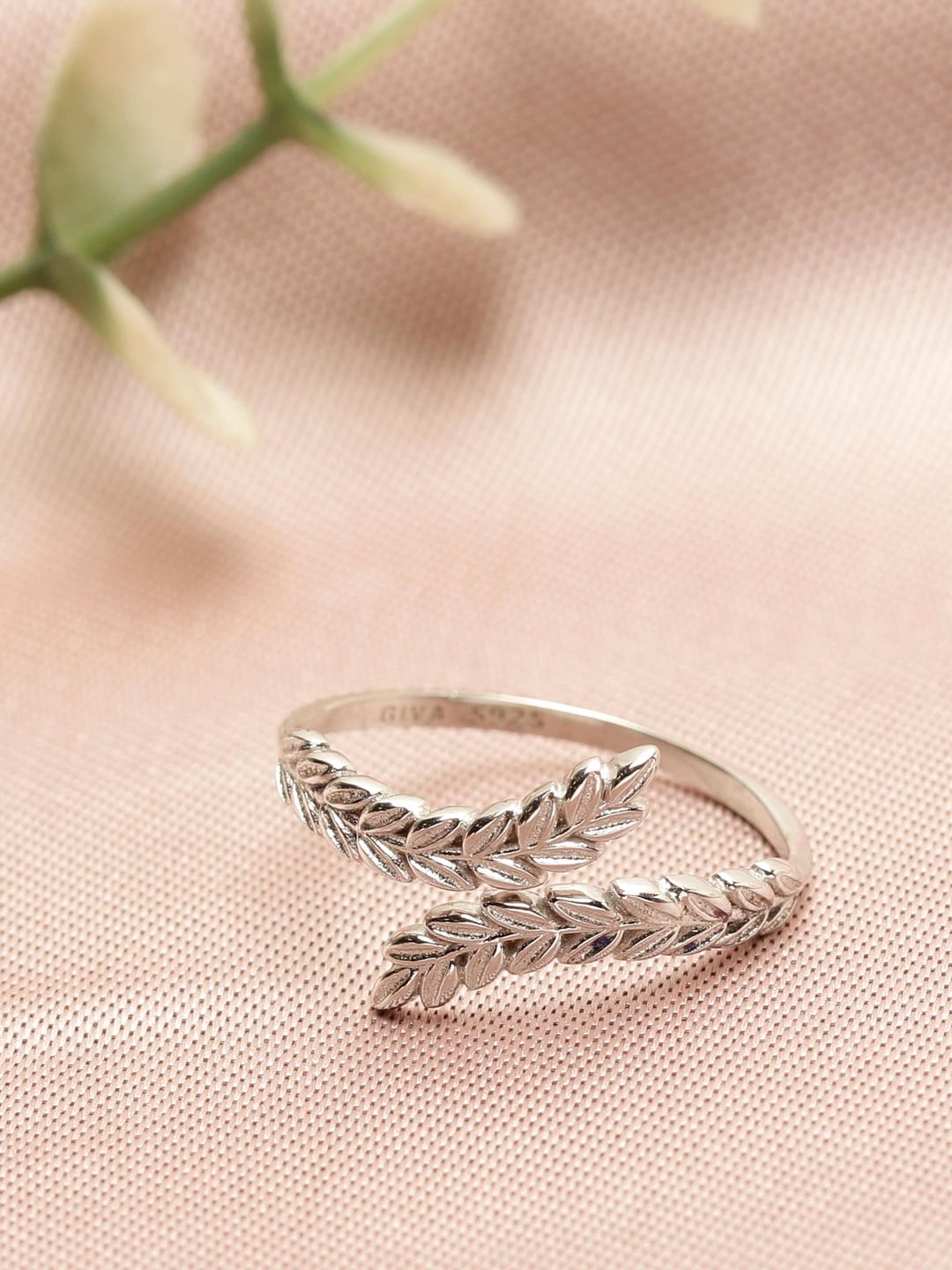 GIVA Silver-Toned 925 Sterling Silver Embrace Leaf Ring Price in India