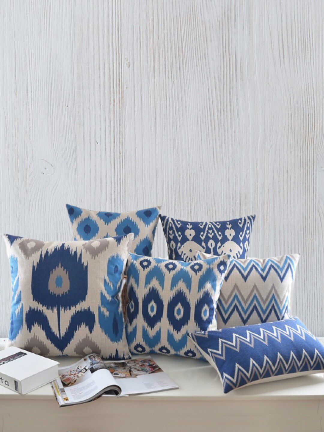 MODERN HOMES Indigo Blue Set Of 6 Abstract Ikat Print Cotton Cushion Covers and Sham set Price in India