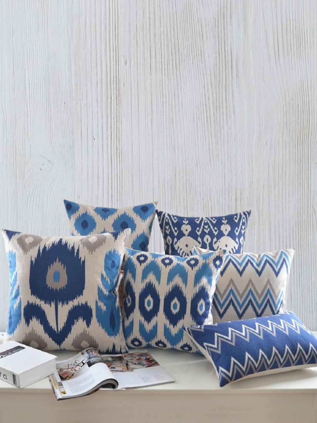MODERN HOMES Indigo Blue Set Of 6 Ikat Print Cotton Cushion Covers and Sham set Price in India
