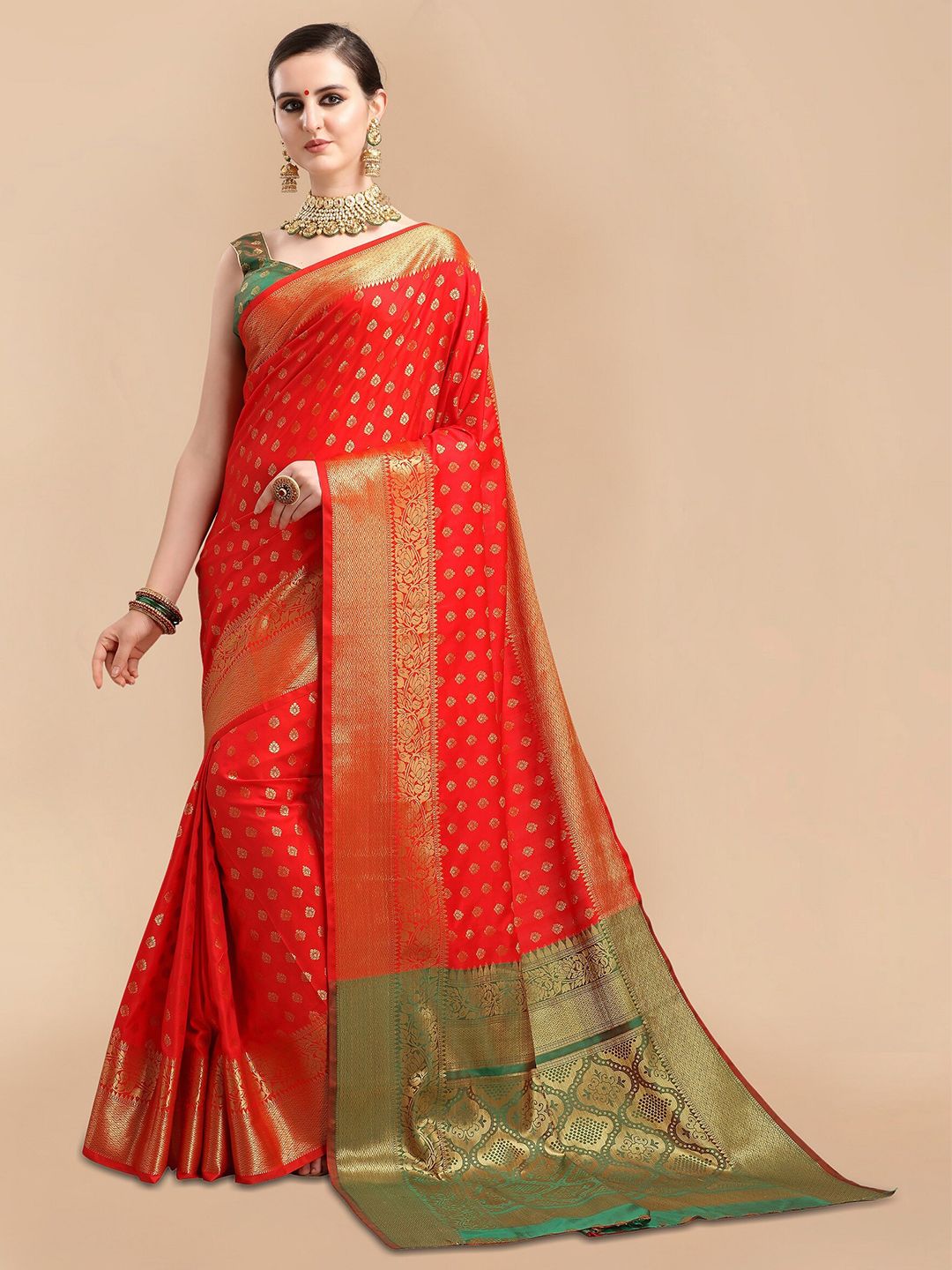Mitera Red & Green Ethnic Motifs Zari Silk Blend Fusion Banarasi Saree Price in India