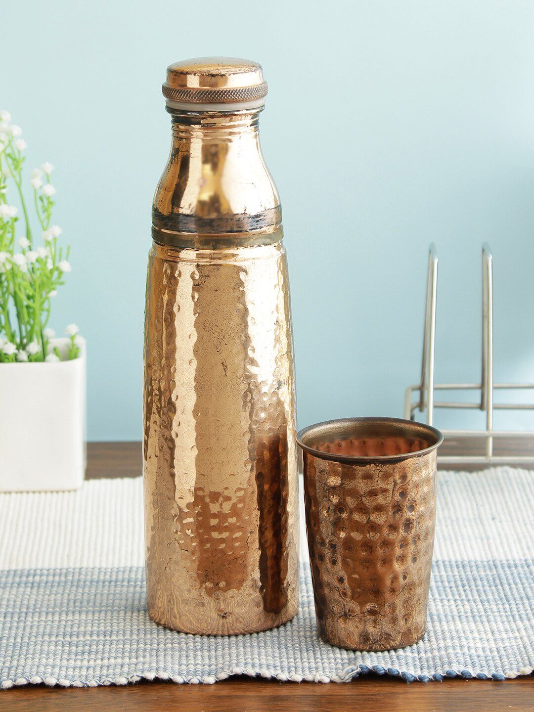 HomeTown Copper-Toned Hammered Copper Bottle With Glass Price in India