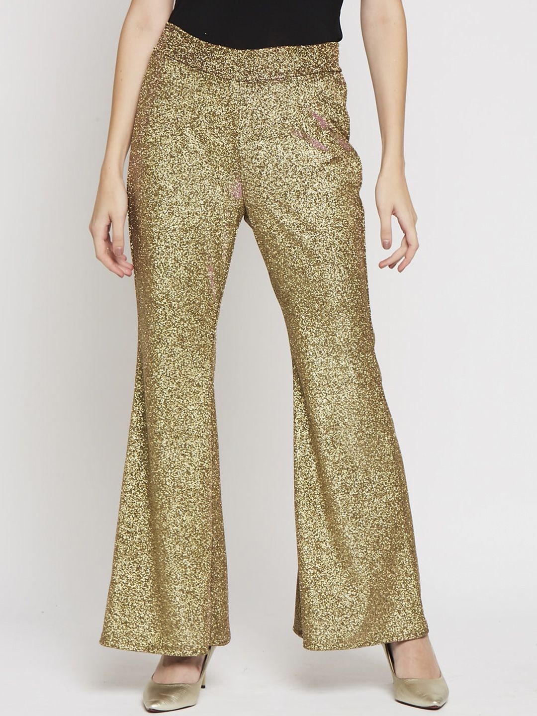 Ira Soleil Women Gold-Coloured Glitter Embellished Bootcut Trousers Price in India