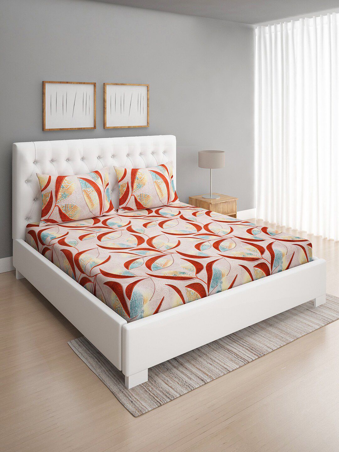 ROMEE Beige & Rust Floral 144 TC Queen Bedsheet with 2 Pillow Covers Price in India