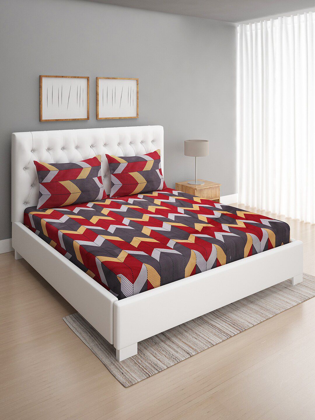 ROMEE Red & Grey Geometric 144 TC Queen Bedsheet with 2 Pillow Covers Price in India