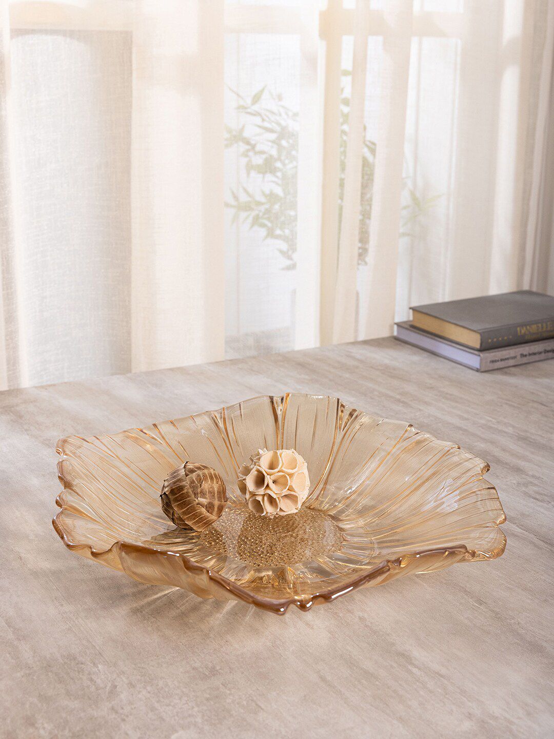 Pure Home and Living Gold-Toned Large Amber Floral Decorative Plate Price in India