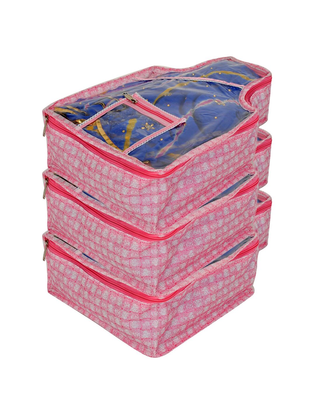 Kuber Industries Set Of 3 Pink Checked Blouse Organisers Price in India