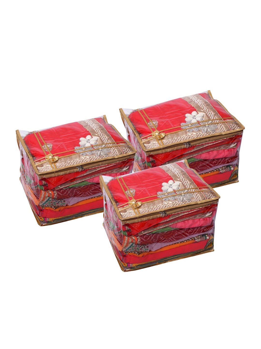 Kuber Industries Set of 3 Transparent & Gold-Toned Saree Organisers Price in India