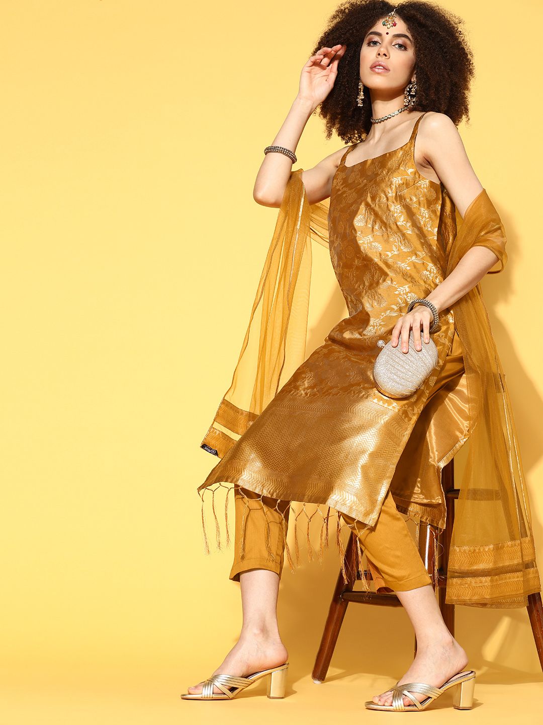 Inddus Mustard Yellow & Golden Brocade Woven Design Kurta with Trousers & Dupatta Price in India