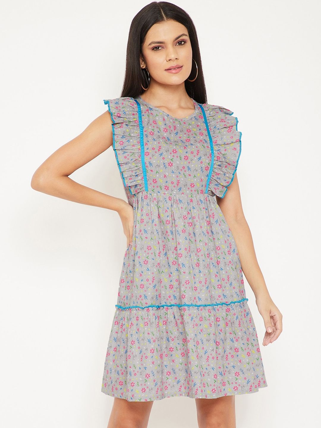 WineRed Grey & Blue Floral printed Pure Cotton A-Line Dress Price in India