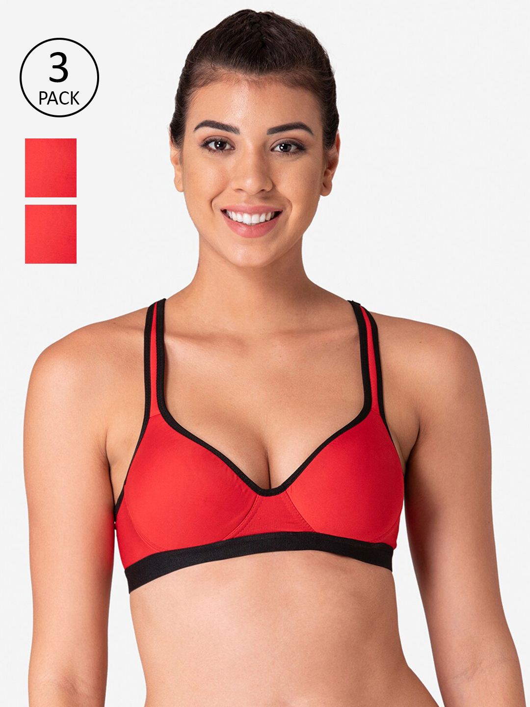 KOMLI Pack Of 3 Red & Black Lightly Padded Workout Bra Price in India