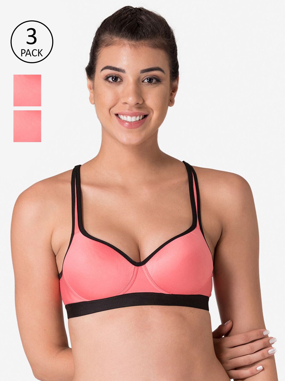 KOMLI Pack of 3 Coral & Black Lightly Padded Workout Bra Price in India