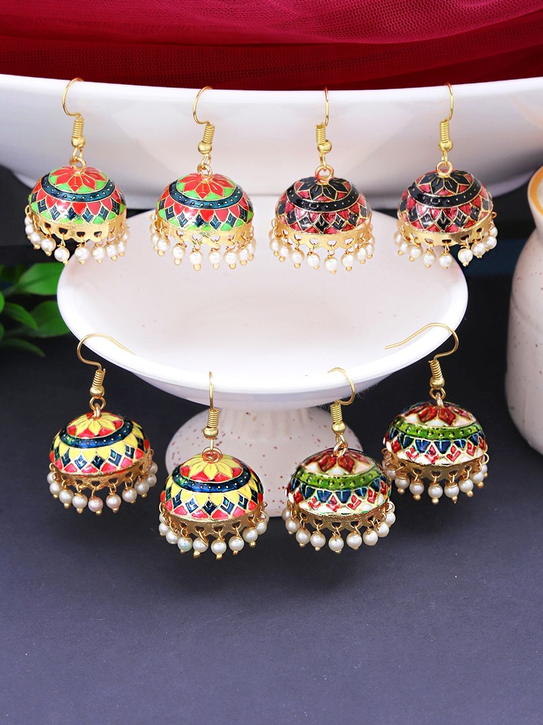 Yellow Chimes Set of 4 Golden Meenakari Jhumka Earrings Price in India