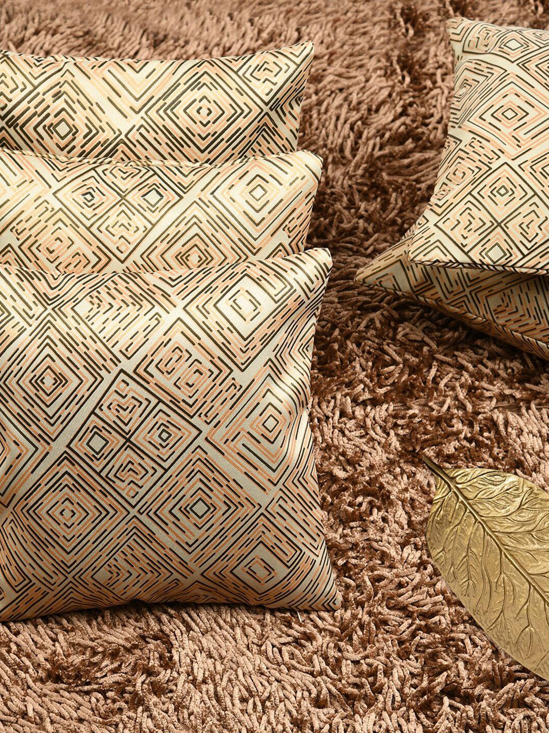 HOUZZCODE Beige & Brown Set of 5 Geometric Printed Square Cushion Covers Price in India