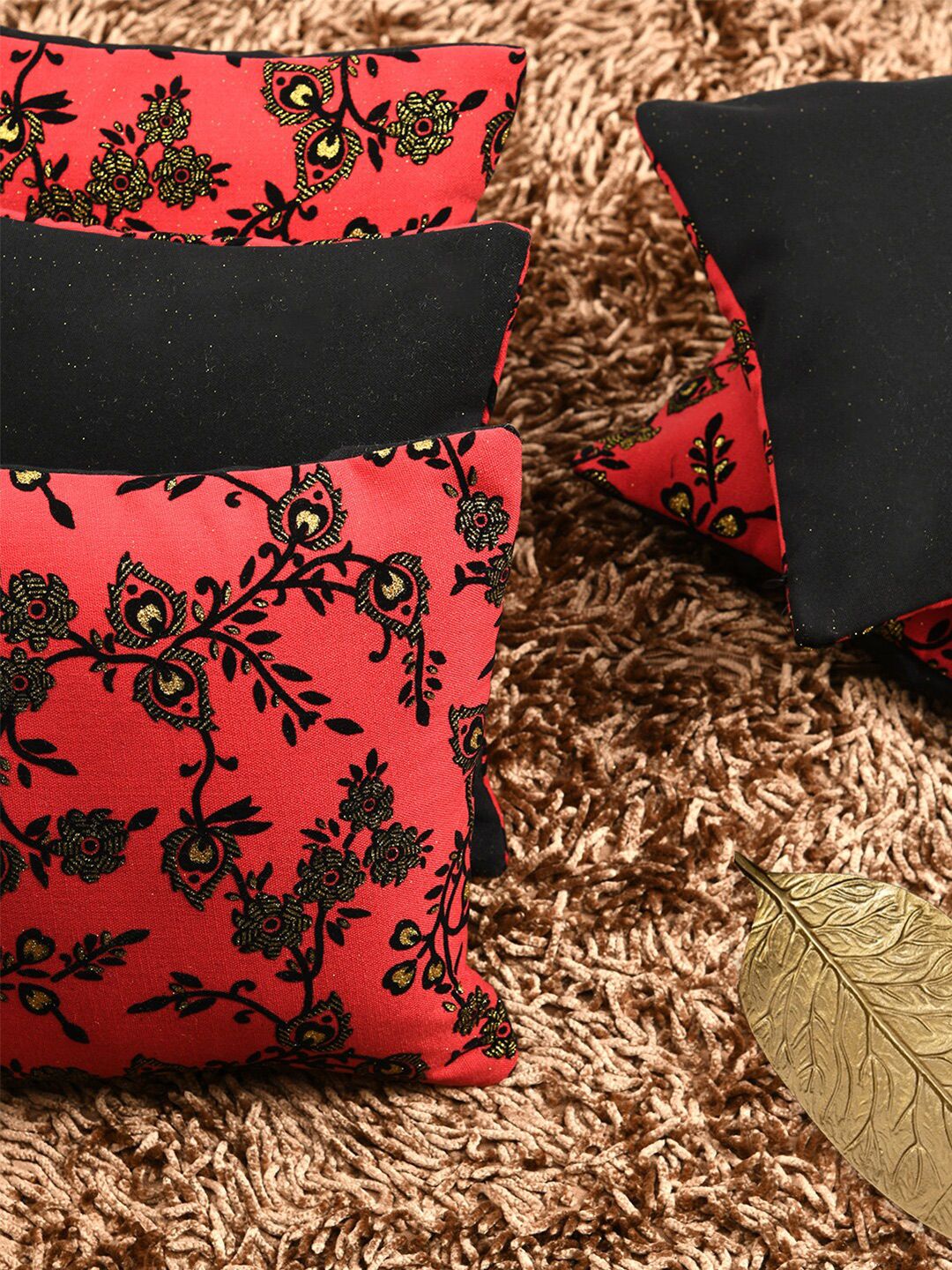 HOUZZCODE Coral & Black Set of 5 Floral Square Cushion Covers Price in India