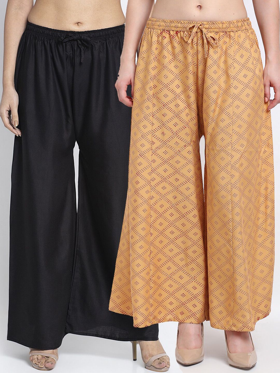 GRACIT Women Black & Gold-Toned Pack of 2 Printed Knitted Ethnic Palazzos Price in India