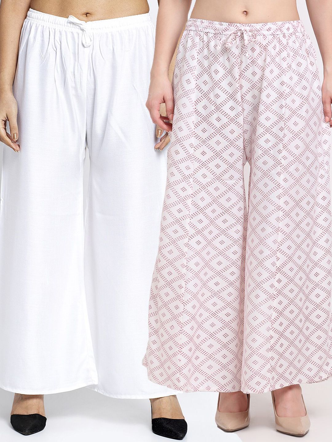 GRACIT Women Pack of 2 White & Pink Block Printed Ethnic Palazzos Price in India