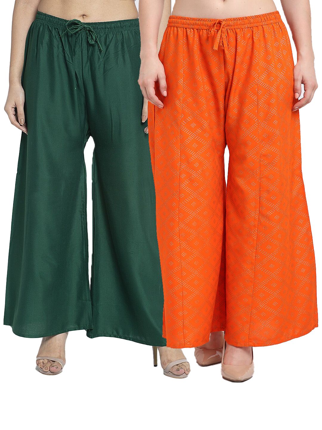 GRACIT Women Pack of 2 Green & Orange Printed Flared Ethnic Palazzos Price in India