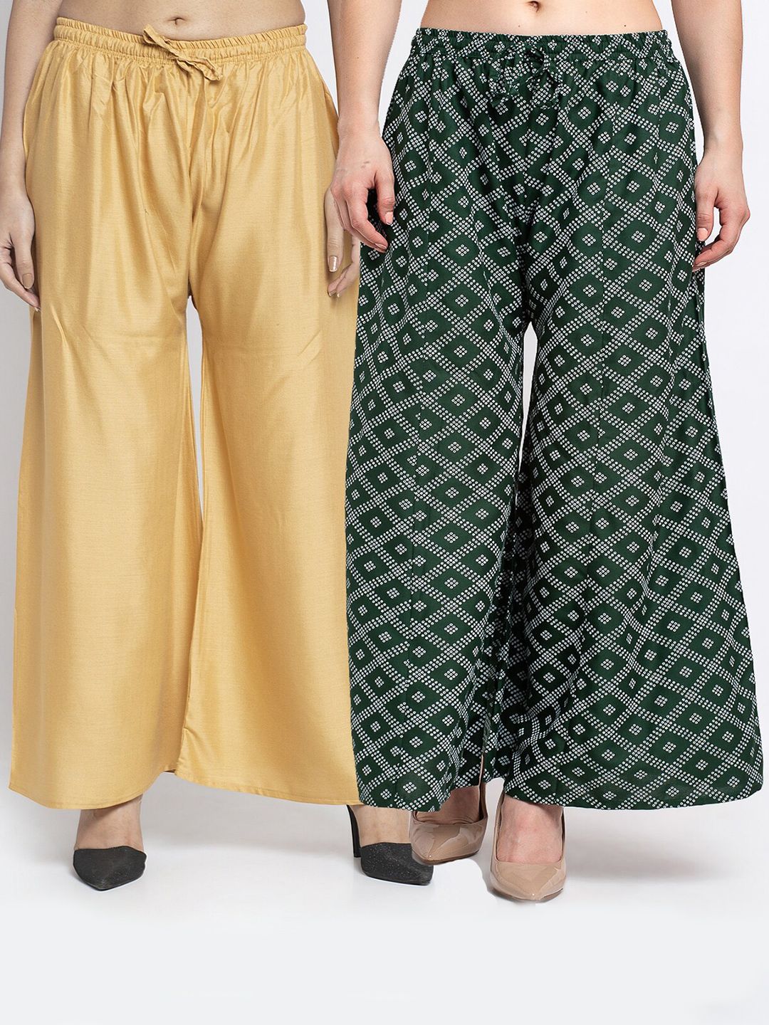 GRACIT Women Pack Of 2 Beige & Green Block Printed Wide-Leg Palazzos Price in India