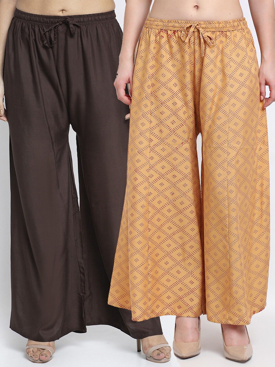 GRACIT Women Brown & Beige Pack of 2 Printed Flared Knitted Ethnic Palazzos Price in India