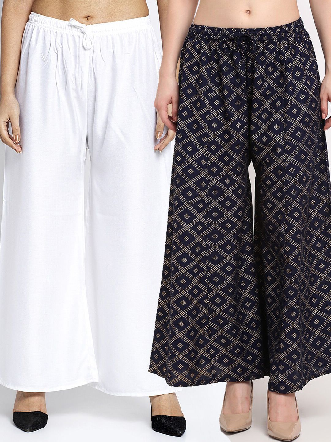 GRACIT Women White & Navy Blue Pack of 2 Printed Flared Knitted Ethnic Palazzos Price in India