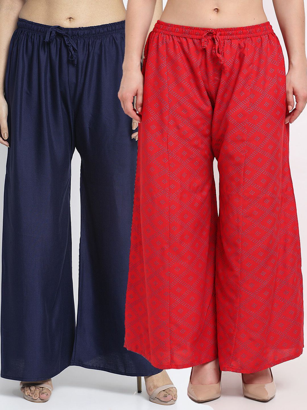 GRACIT Women Navy Blue & Red Pack of 2 Printed Flared Knitted Ethnic Palazzos Price in India