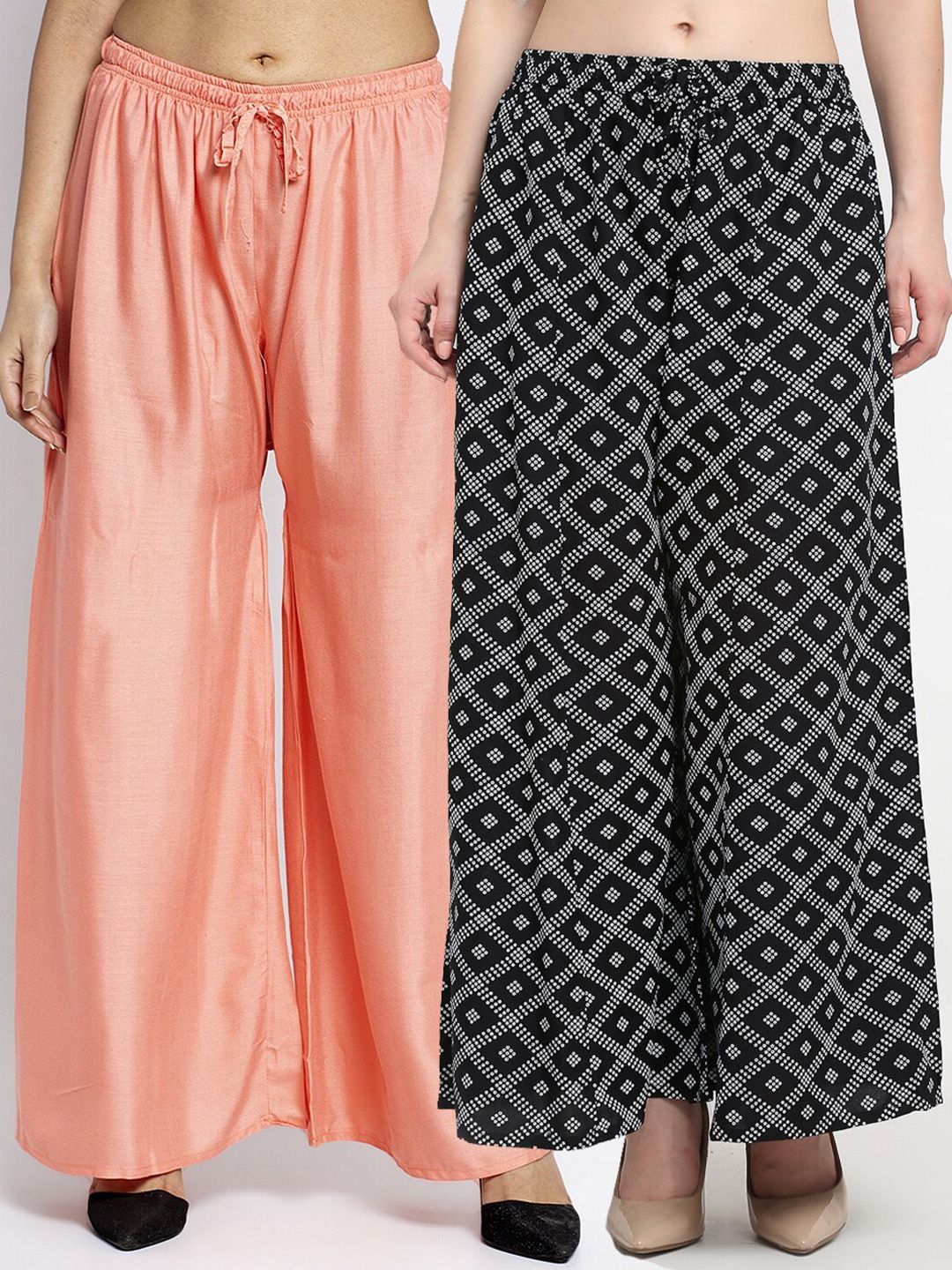 GRACIT Women Set of 2 Peach-Coloured & Black Printed Flared Knitted Ethnic Palazzos Price in India