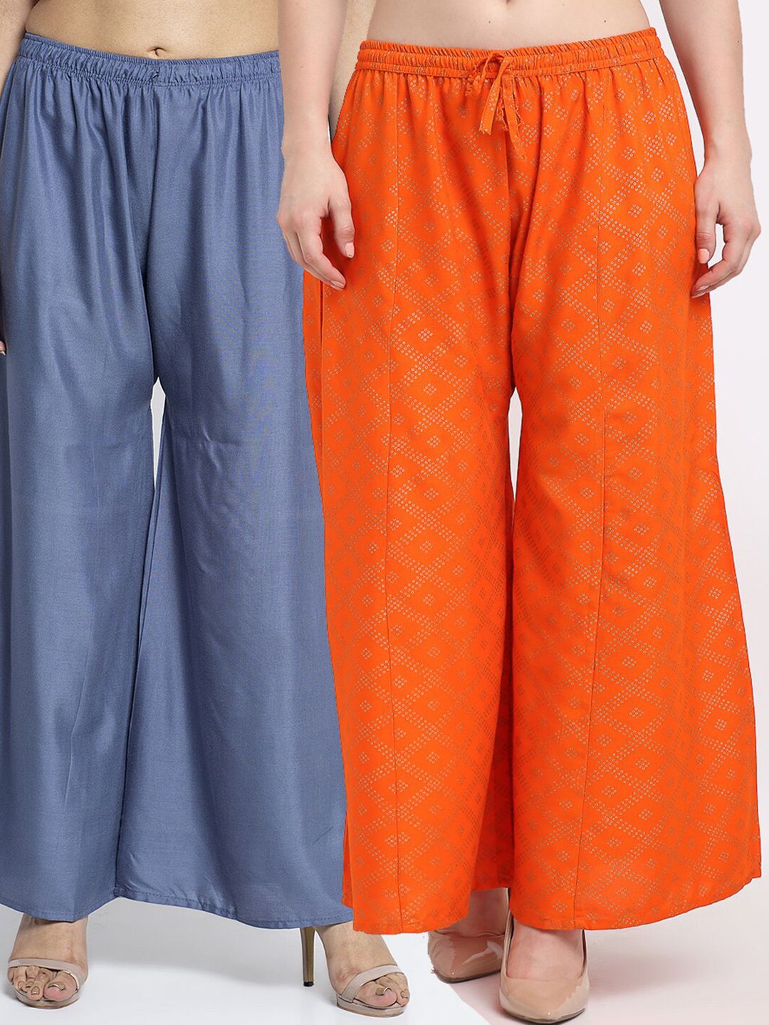 GRACIT Women Pack Of 2 Grey & Orange Block Printed Wide Leg Palazzos Price in India