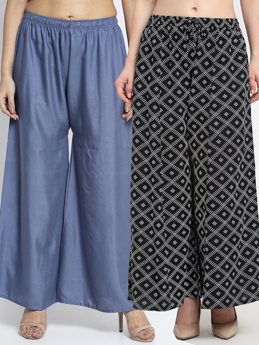 GRACIT Women Grey & Black Pack of 2 Printed Flared Knitted Ethnic Palazzos Price in India