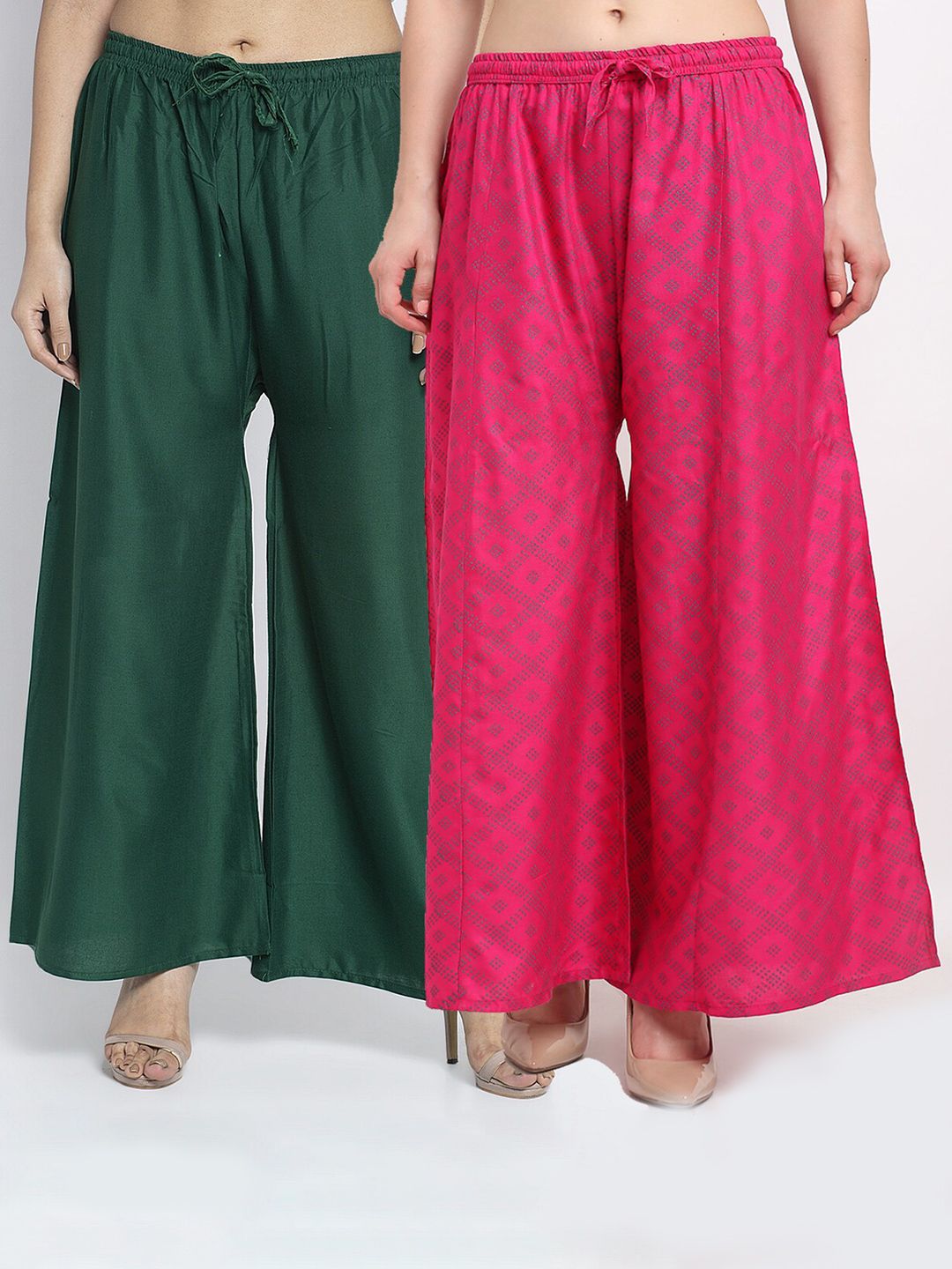 GRACIT Women Pack of 2 Green & Pink 2 Printed Wide Leg Palazzos Price in India