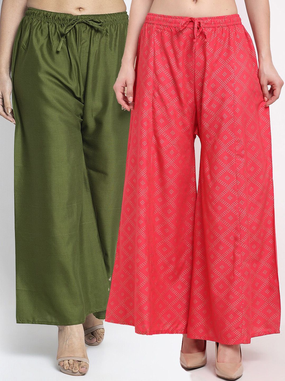 GRACIT Women Green & Pink 2 Flared Knitted Ethnic Palazzos Price in India