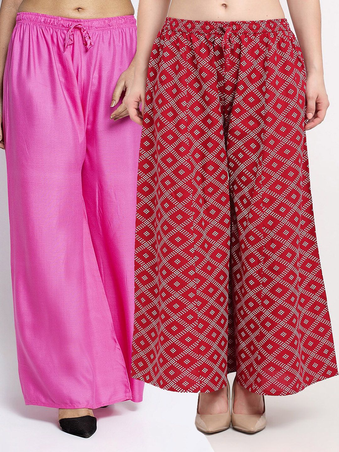 GRACIT Women Pack Of 2 Pink & Red Printed Flared Knitted Ethnic Palazzos Price in India