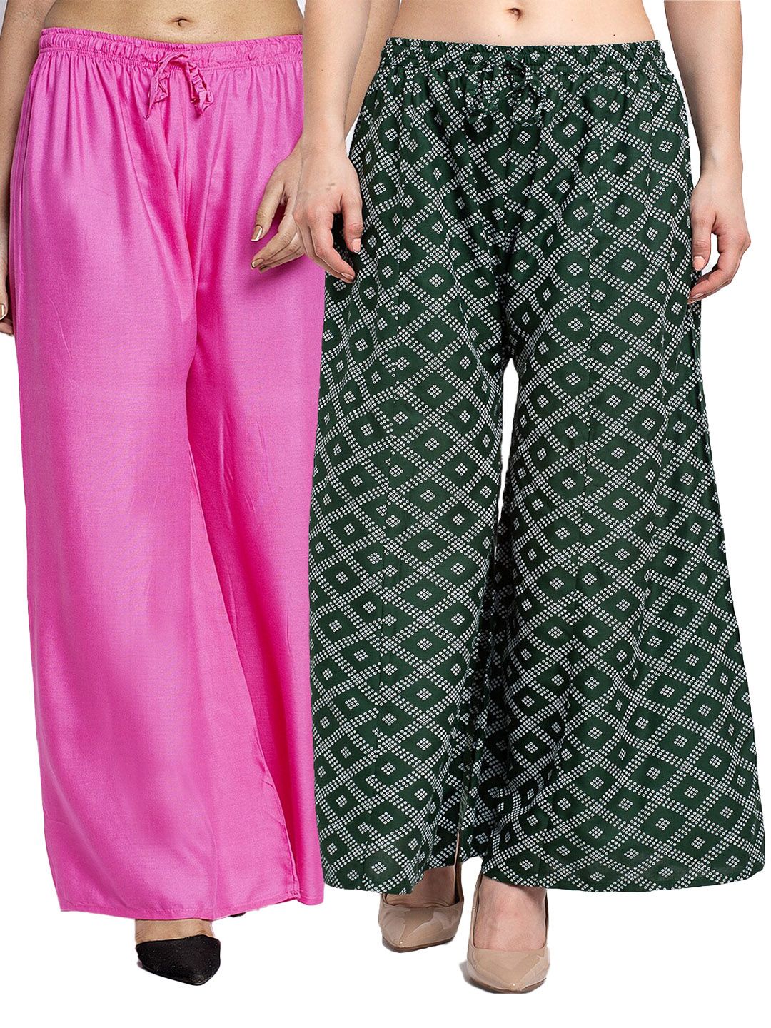 GRACIT Women Pack of 2 Pink & Green Printed Flared Knitted Ethnic Palazzos Price in India