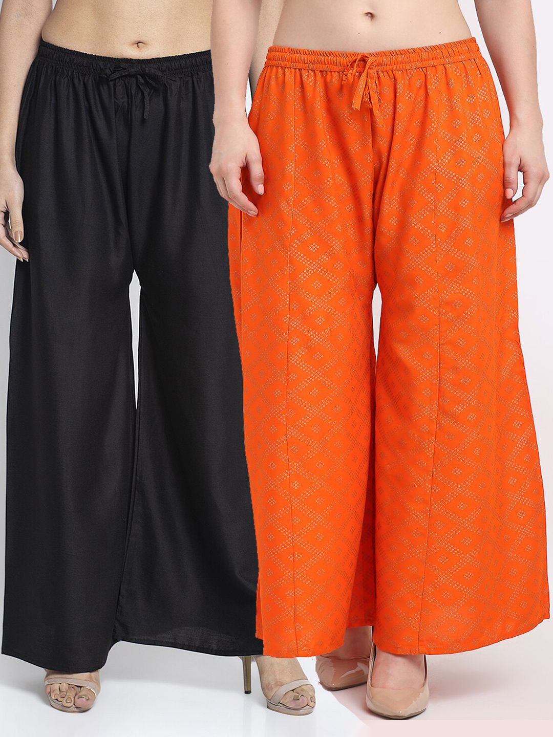 GRACIT Women Set Of 2 Black & Orange Printed Flared Knitted Ethnic Palazzos Price in India