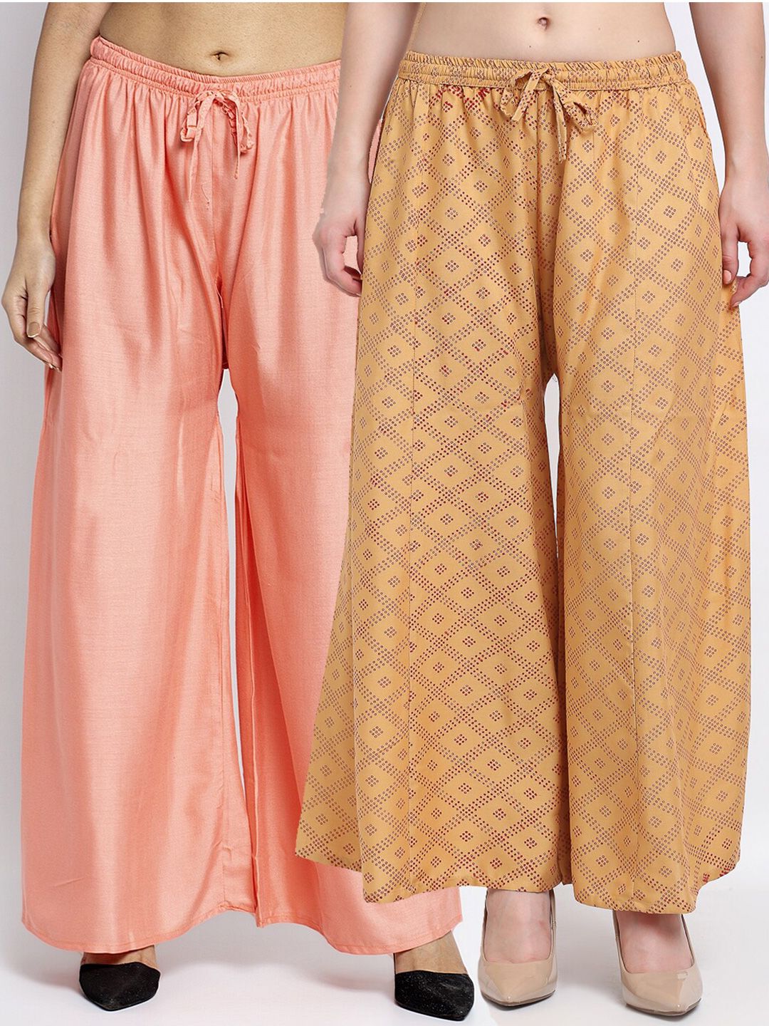 GRACIT Women Pack Of 2 Peach-Coloured & Beige Printed Flared Knitted Ethnic Palazzos Price in India