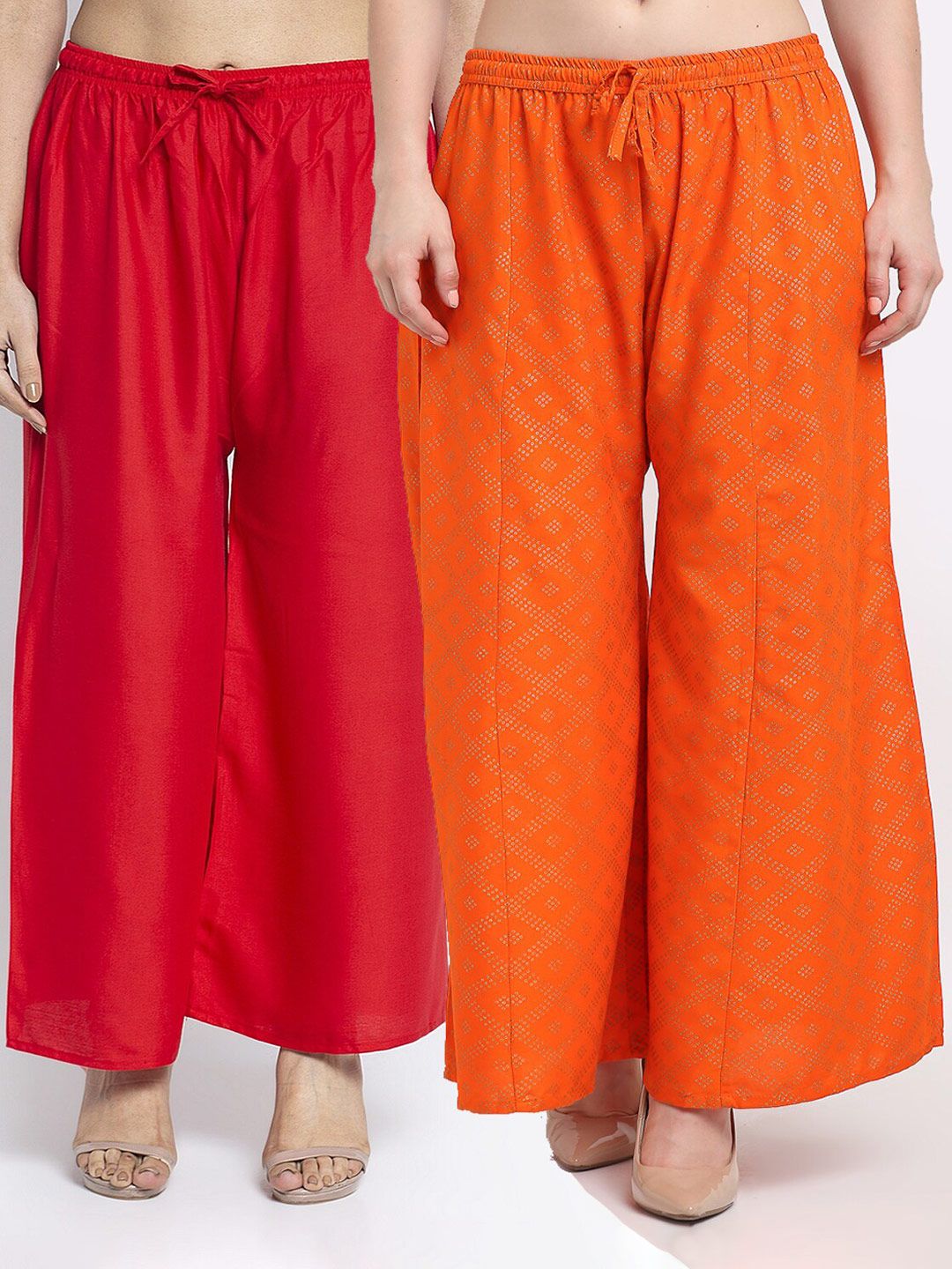 GRACIT Women Pack Of 2 Red & Orange Flared Knitted Ethnic Palazzos Price in India