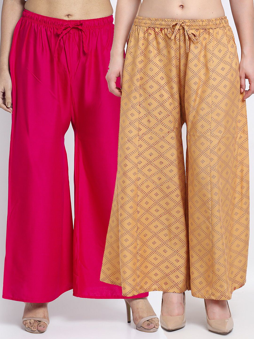 GRACIT Women Pack Of 2 Pink & Tan Printed Flared Knitted Ethnic Palazzos Price in India