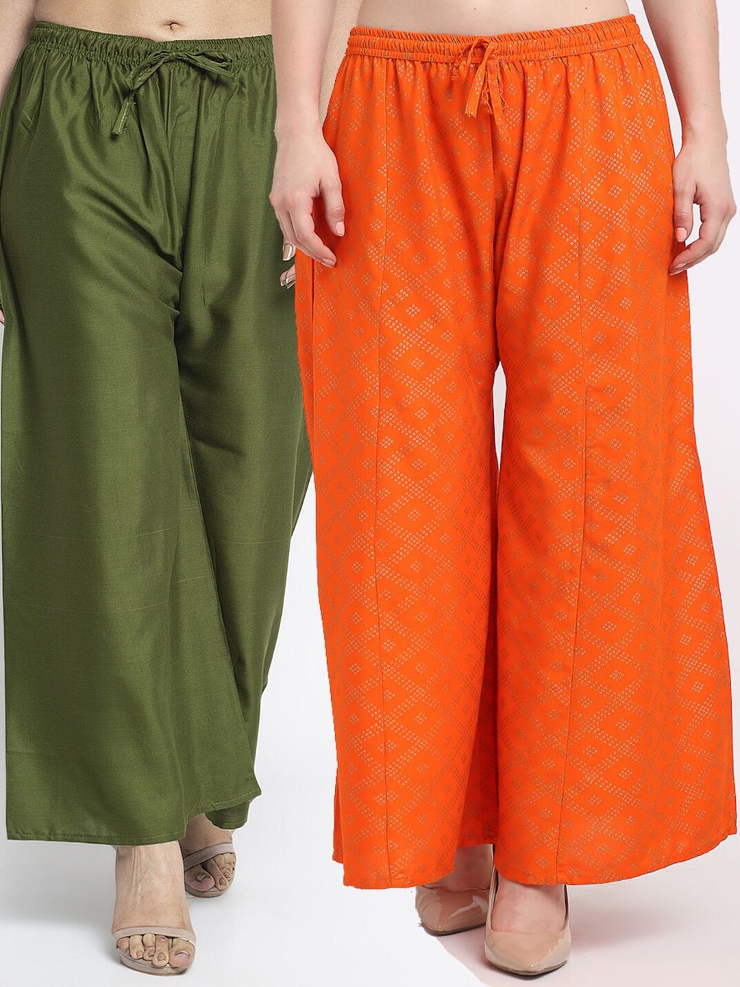 GRACIT Women Pack of 2 Green & Orange Block Printed Ethnic Palazzos Price in India