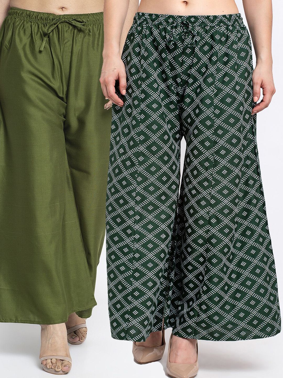 GRACIT Women Green & White Pack of 2 Printed Flared Knitted Ethnic Palazzos Price in India