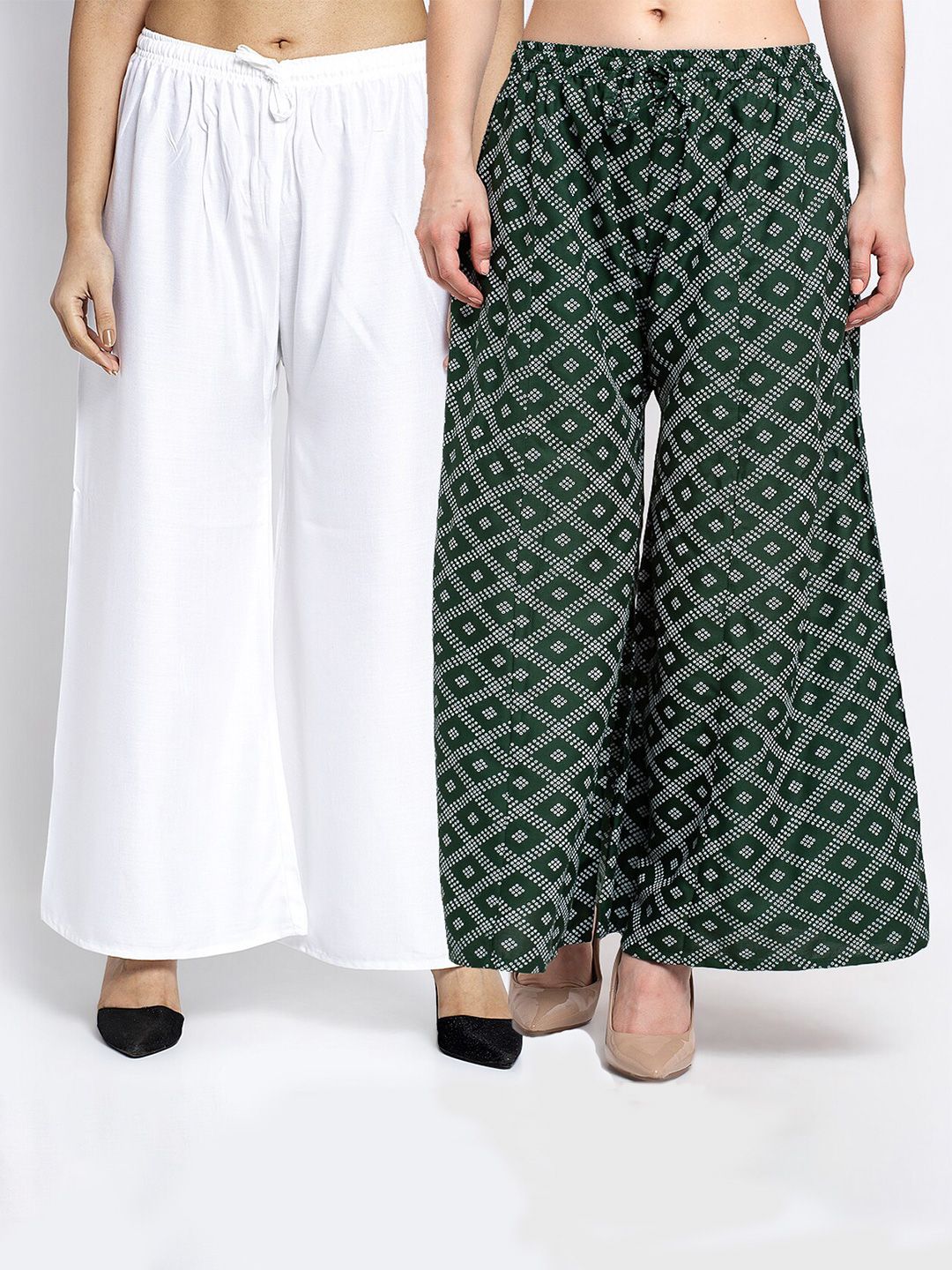 GRACIT Women Set of 2 White & Green Printed Flared Knitted Ethnic Palazzos Price in India