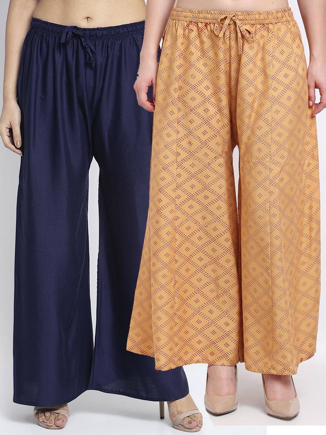 GRACIT Women Navy Blue & Beige Printed Flared Ethnic Palazzos  Pack of 2 Price in India