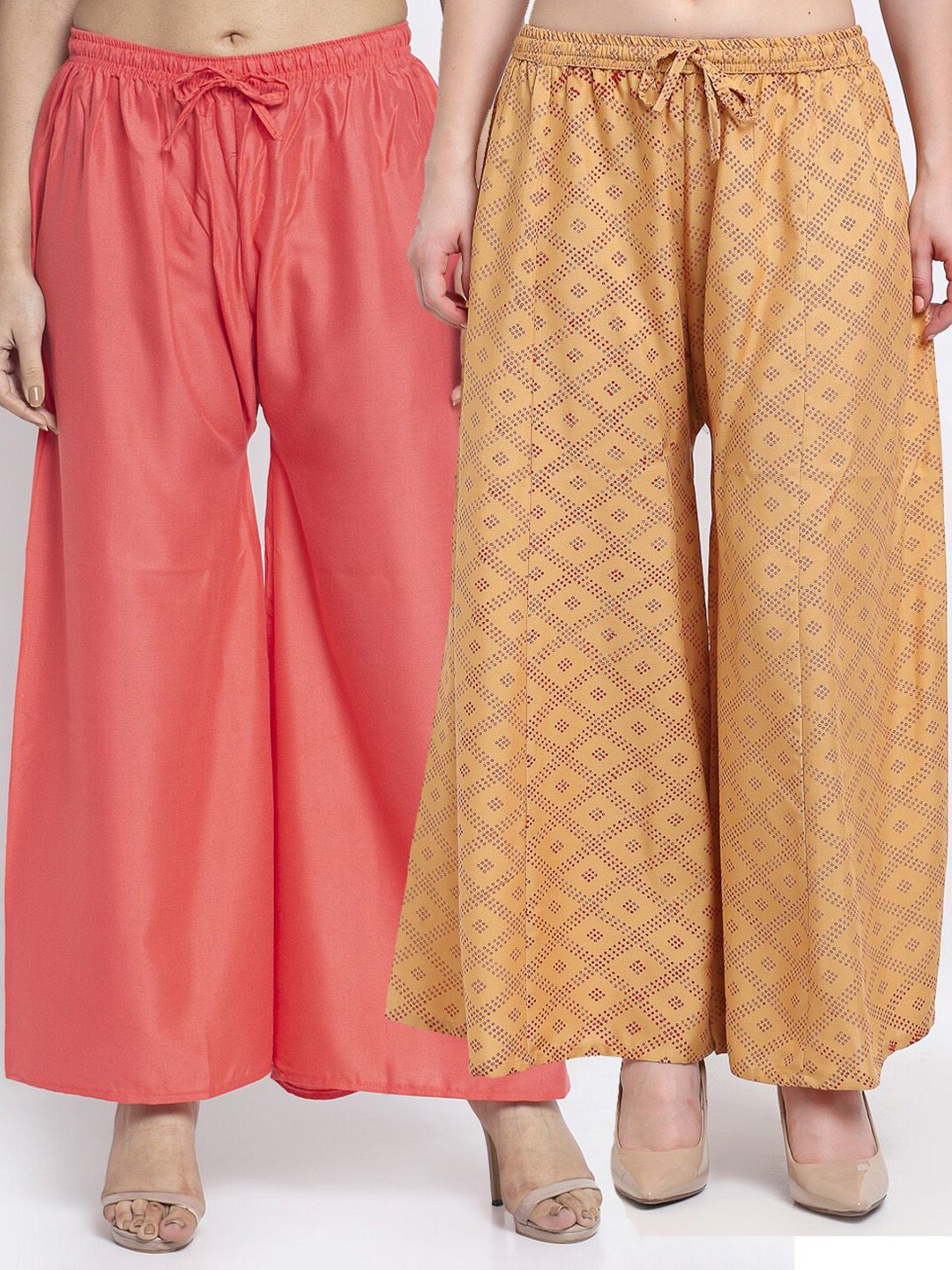 GRACIT Women Pack Of 2 Orange & Pink Printed Flared Knitted Ethnic Palazzos Price in India