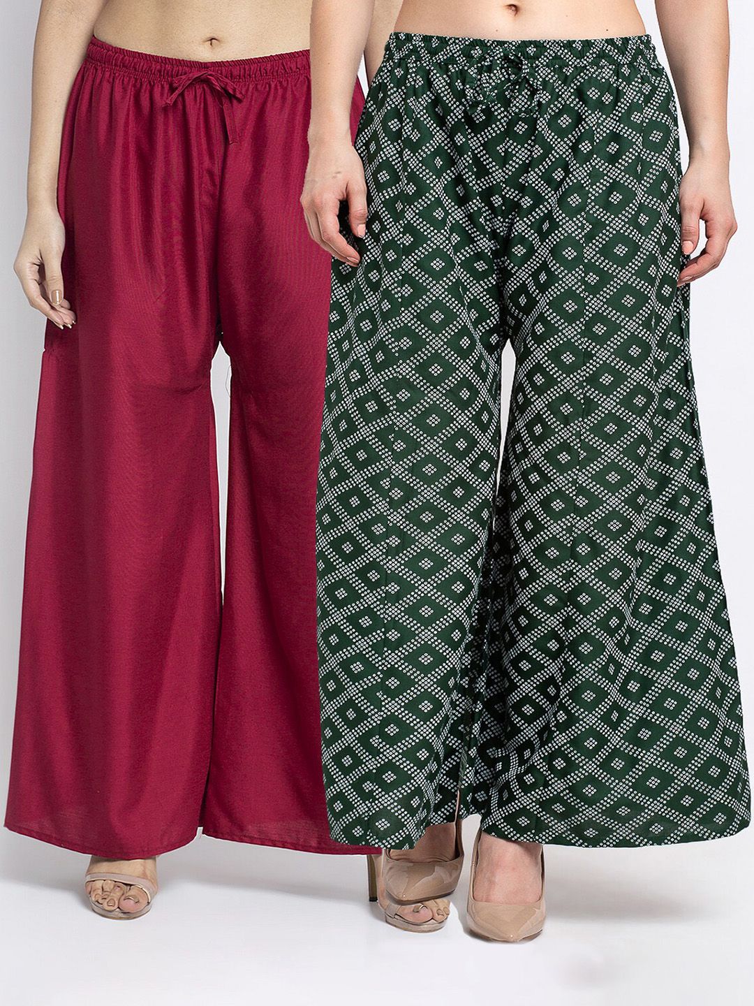 GRACIT Women Pack Of 2 Maroon & Green Flared Knitted Ethnic Palazzos Price in India