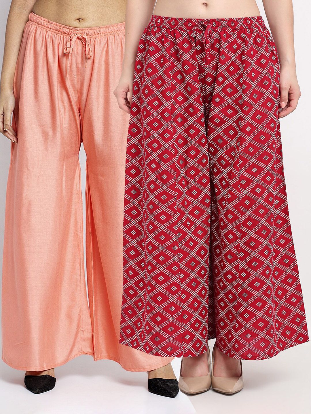 GRACIT Women Pack Of 2 Peach-Coloured & Red Printed Flared Knitted Ethnic Palazzos Price in India