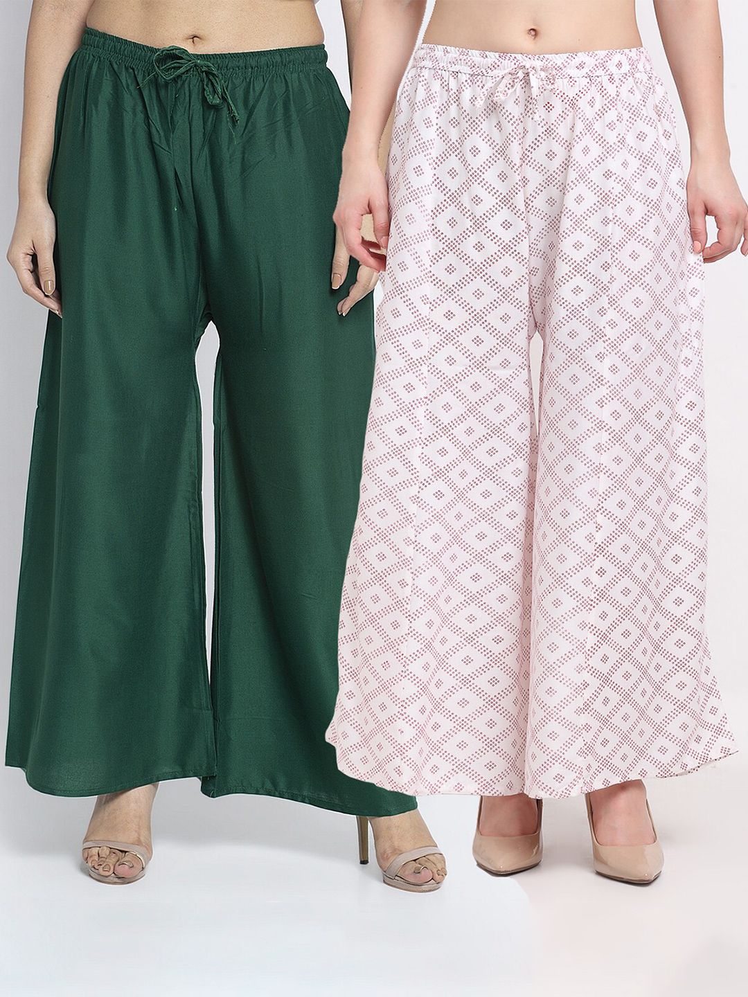 GRACIT Women Pack of 2 Green & White Ethnic Palazzos Price in India