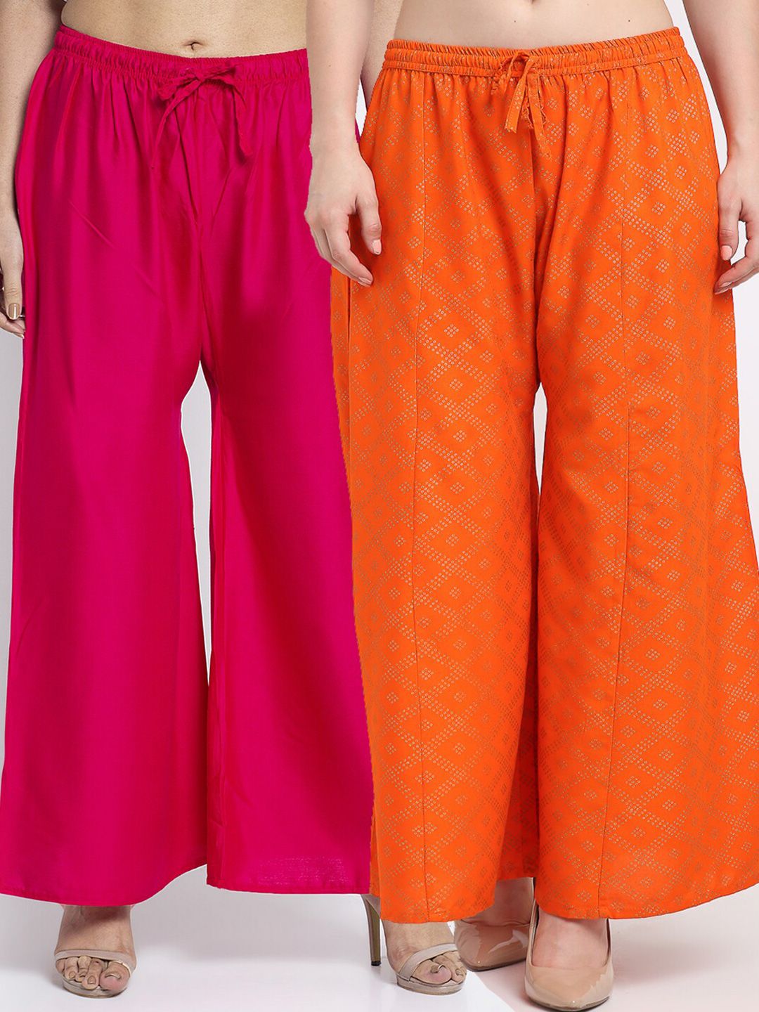 GRACIT Women Pink & Orange Pack of 2 Printed Flared Knitted Ethnic Palazzos Price in India