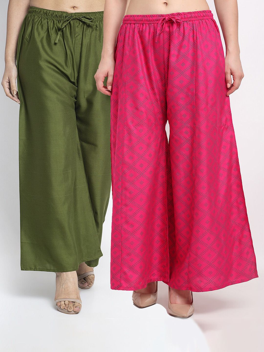 GRACIT Women Pack Of 2 Green & Fuchsia Block Printed Wide Leg Palazzos Price in India